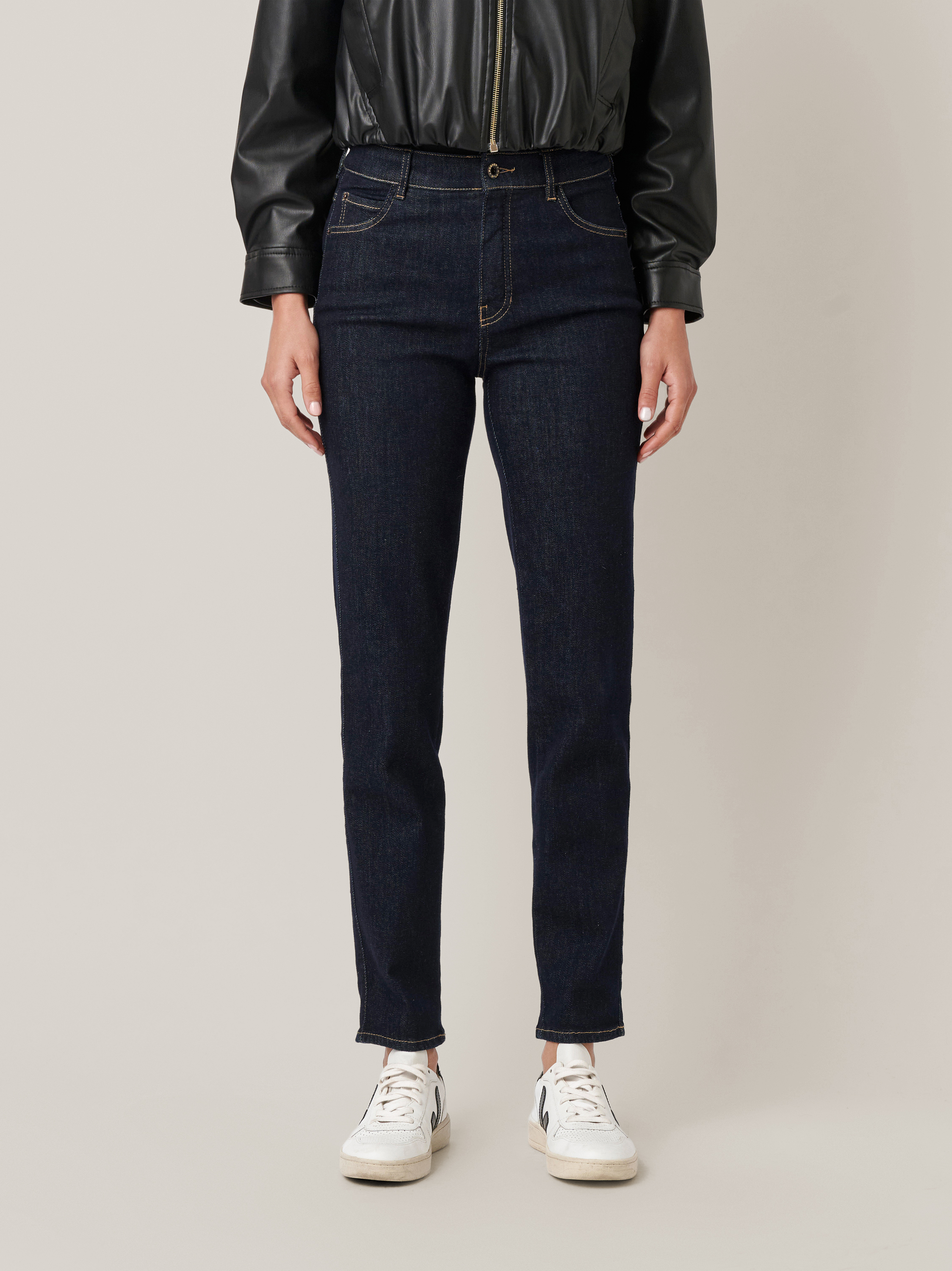 Womens jeans Audrey1 in navy, high waist jeans, front view worn by model