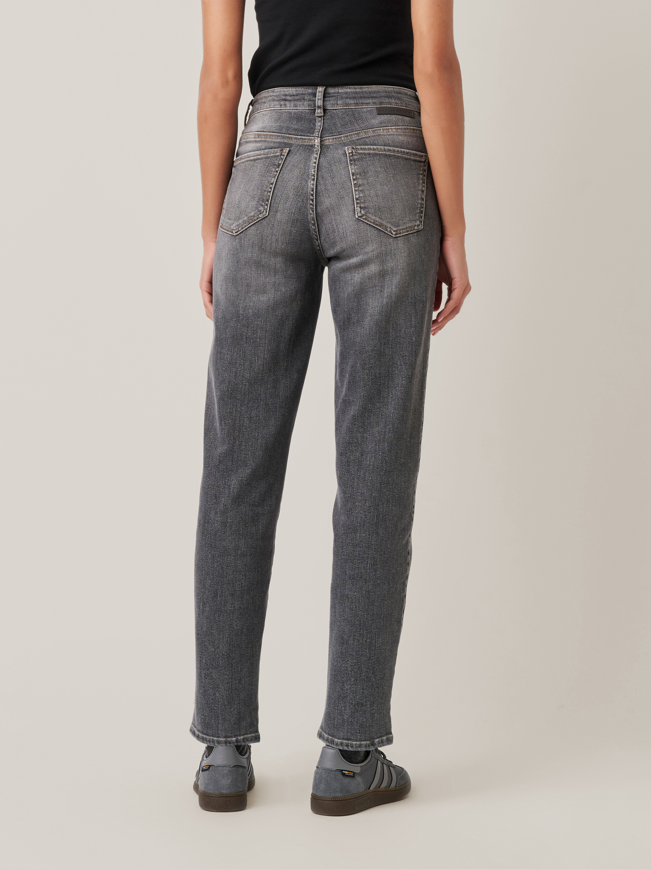 Womens jeans Audrey1 in mid grey, high waist jeans, back view worn by model