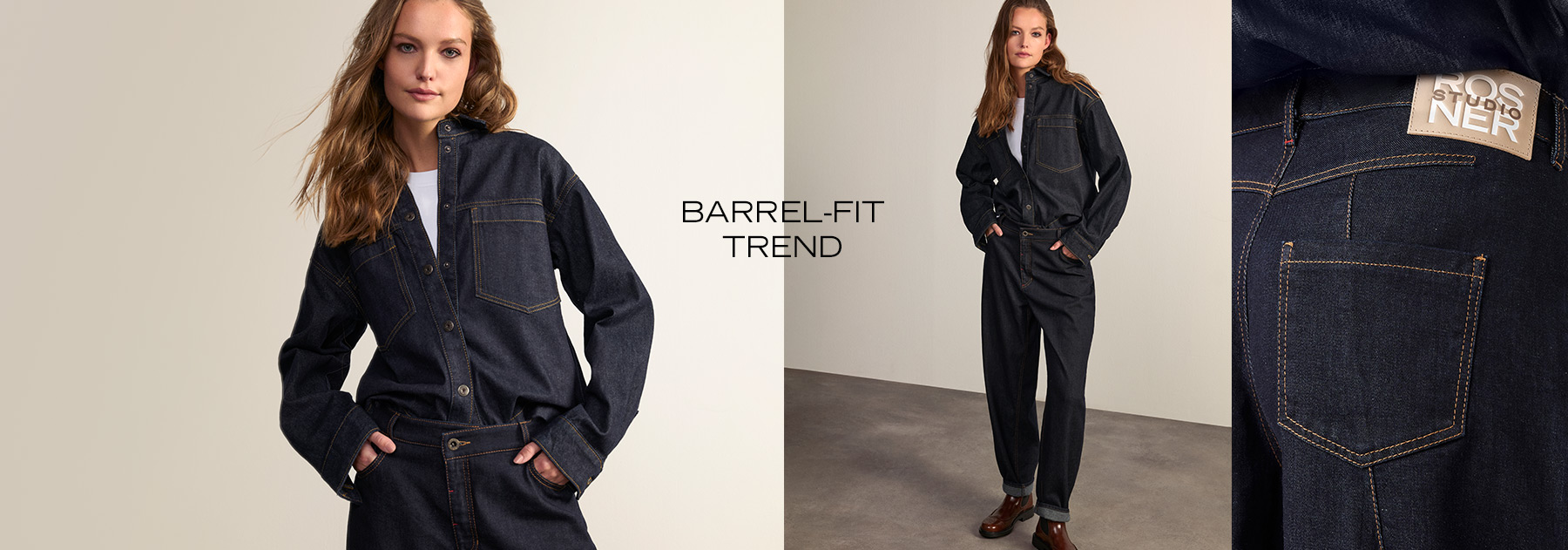 Woman wearing dark barrel-fit jeans with matching denim shirt – key visual for the new denim trend by ROSNER STUDIO.