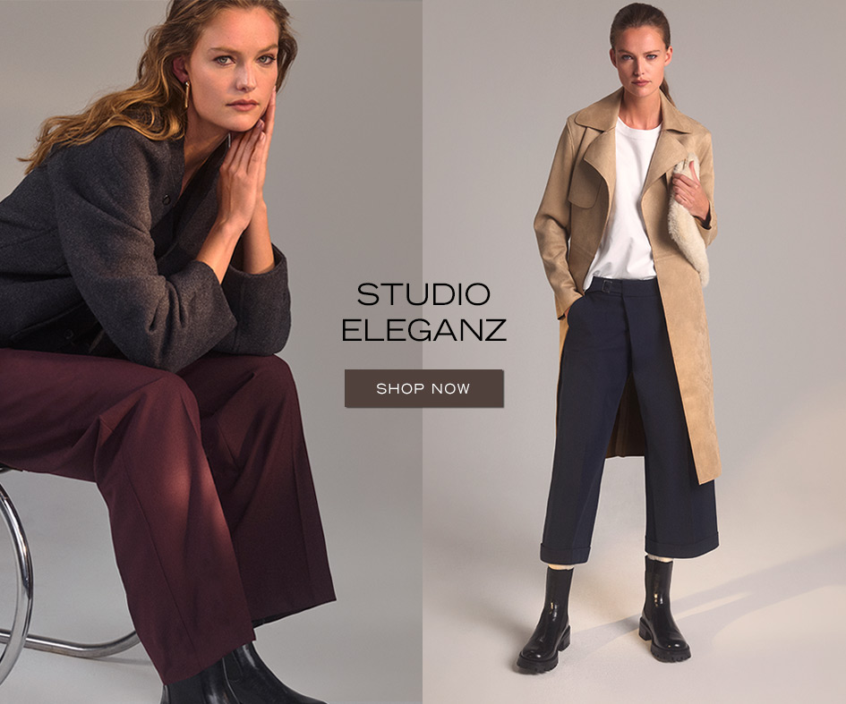 Modell trägt elegante Marlenehose mit Wollmantel und schwarzem Feinstrick – Teaser zur Landingpage Studio Eleganz von Rosner.