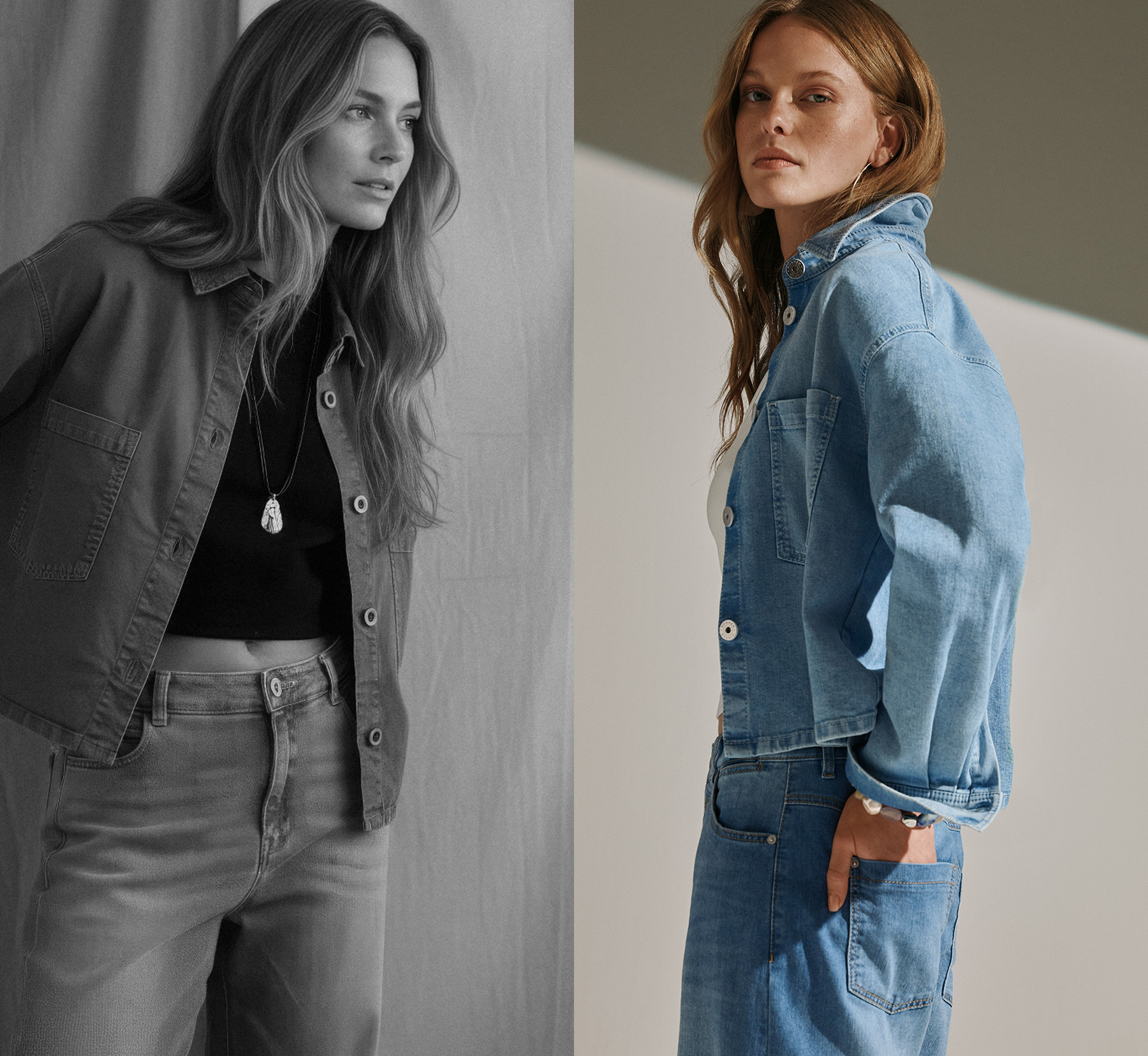 Model wearing a cropped denim jacket in a modern layered look – teaser for the Jamie denim jacket by Rosner.