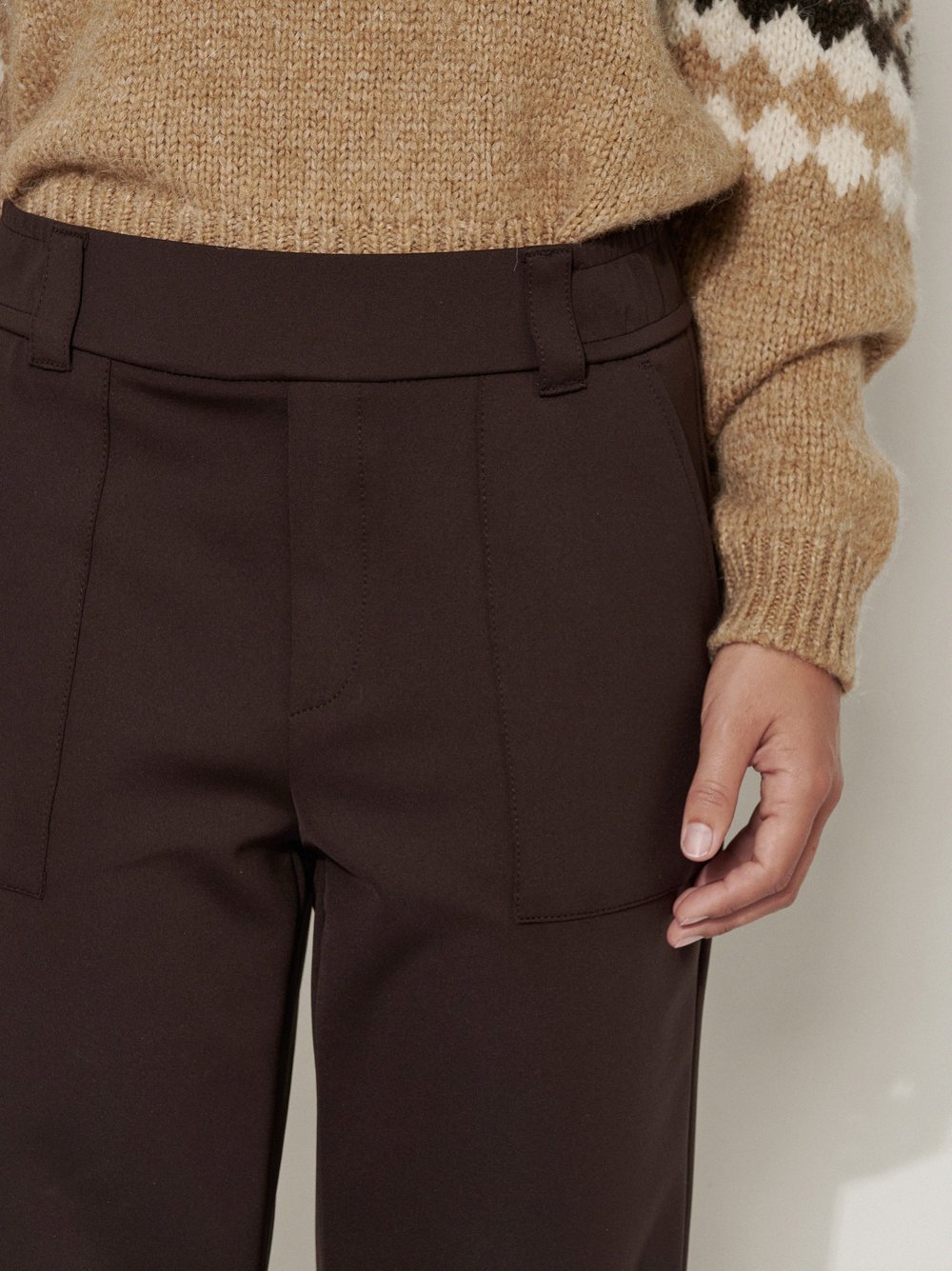 Womens trousers Mara Casual in Dark Brown, tapered-fit trousers in scuba fabric, detail view