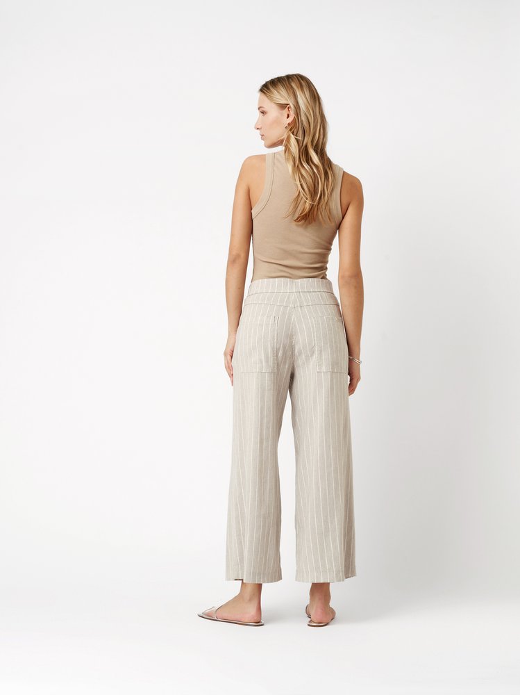 Womens trousers Mara Wide in grey / gold, linen trousers with subtly shimmering stripes, back view worn by model