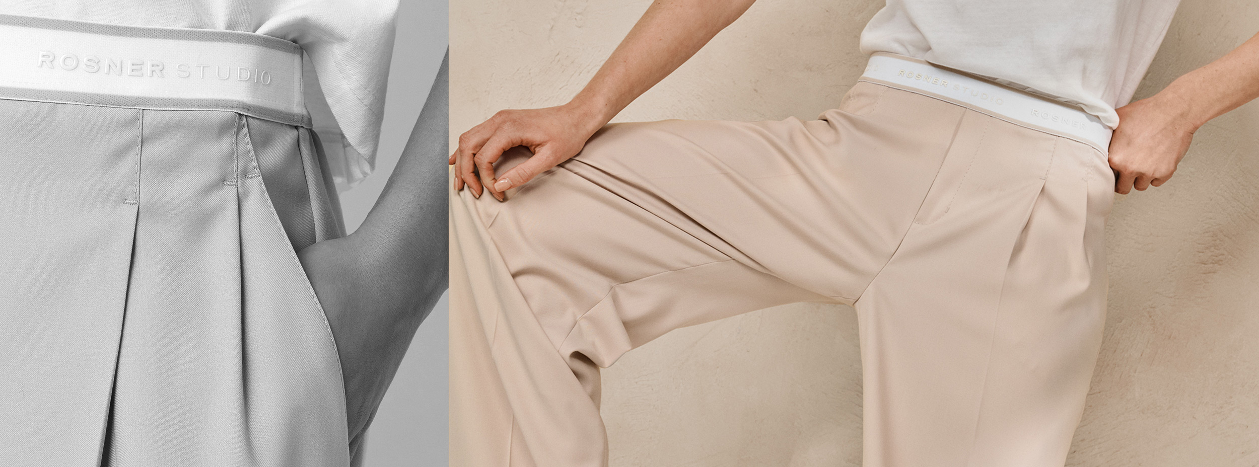 Model wearing flowing wide-leg trousers with a soft drape – teaser for Rosner Studio’s Modern Ease landing page.