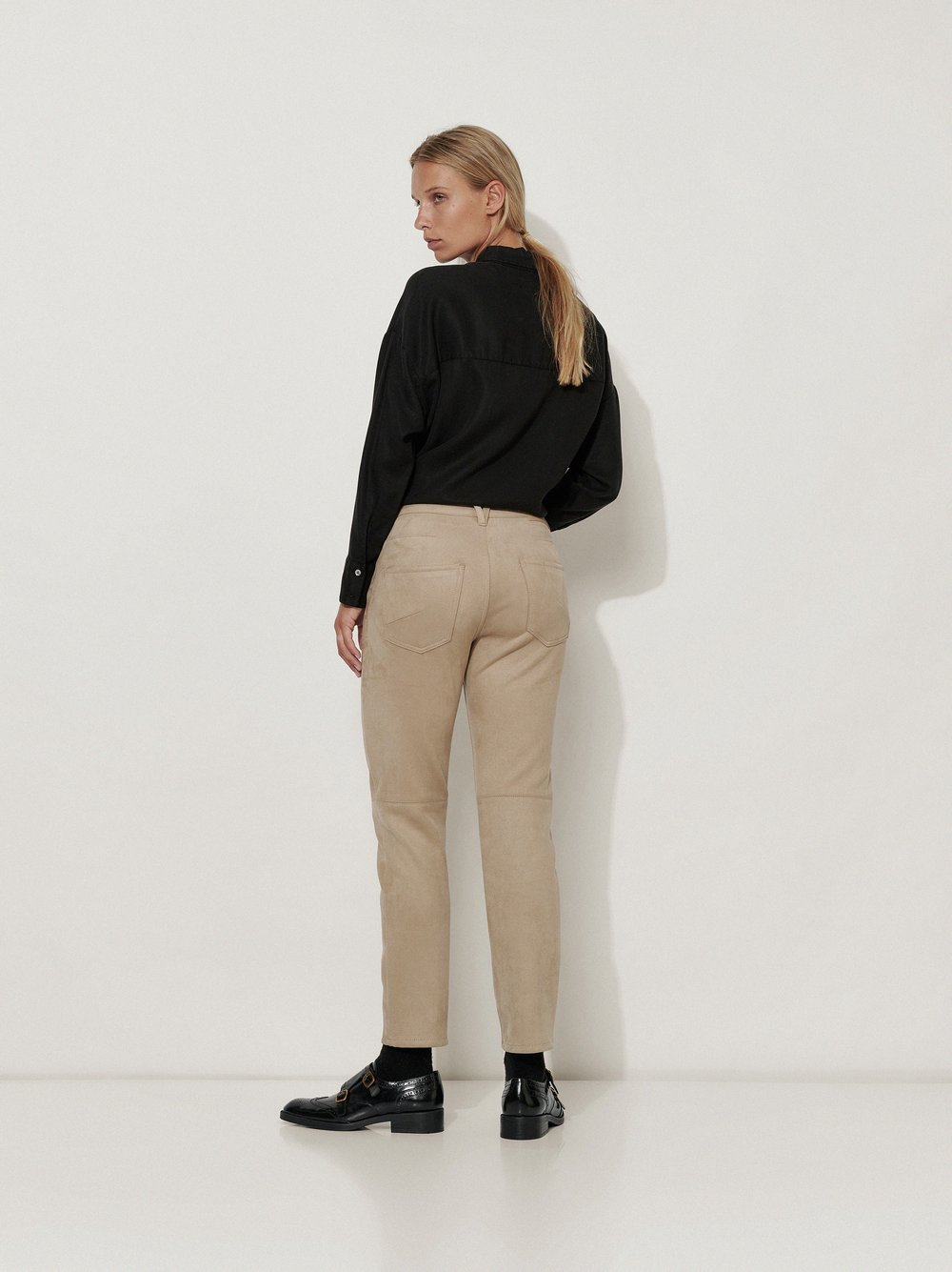 Womens trousers Alisa Slim in Light Brown, slim-fit trousers in suede look, back view worn by model