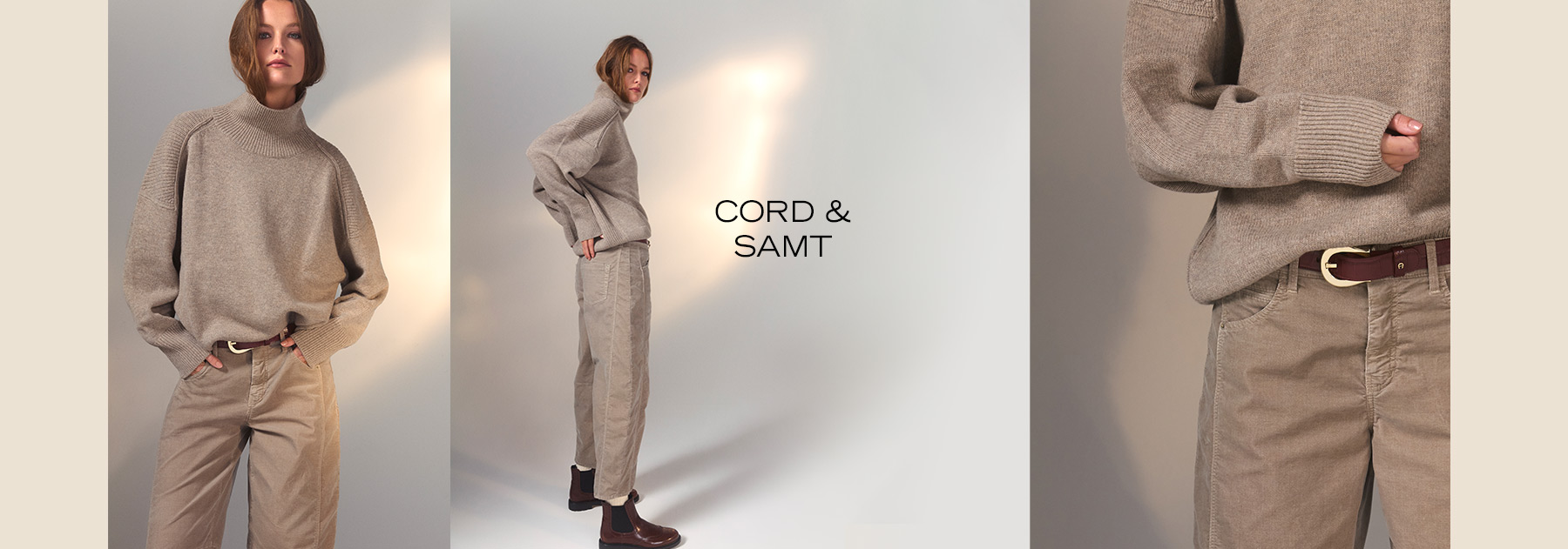 Frau trägt beigefarbene Cordhose und Rollkragenpullover – Visual zur ROSNER STUDIO Rubrik Cord & Samt.