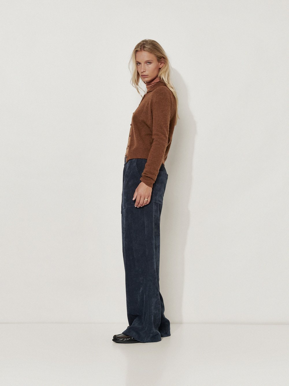 Womens trousers Mara Worker in Navy, wide-leg corduroy trousers, front view worn by model