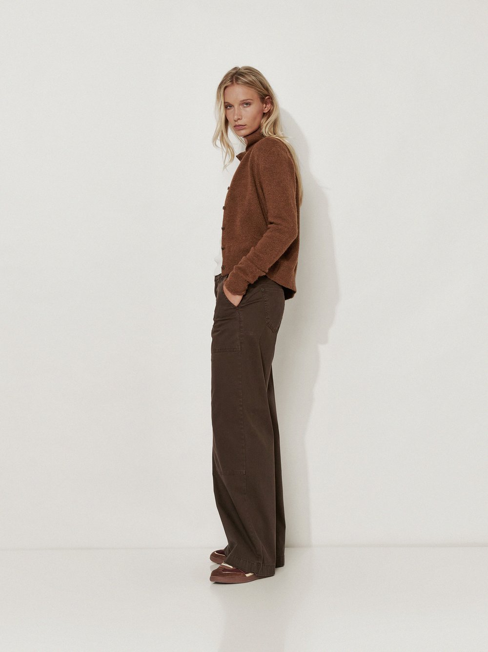 Womens trousers Mara Wide in Dark Brown, wide-leg worker trousers, front view worn by model