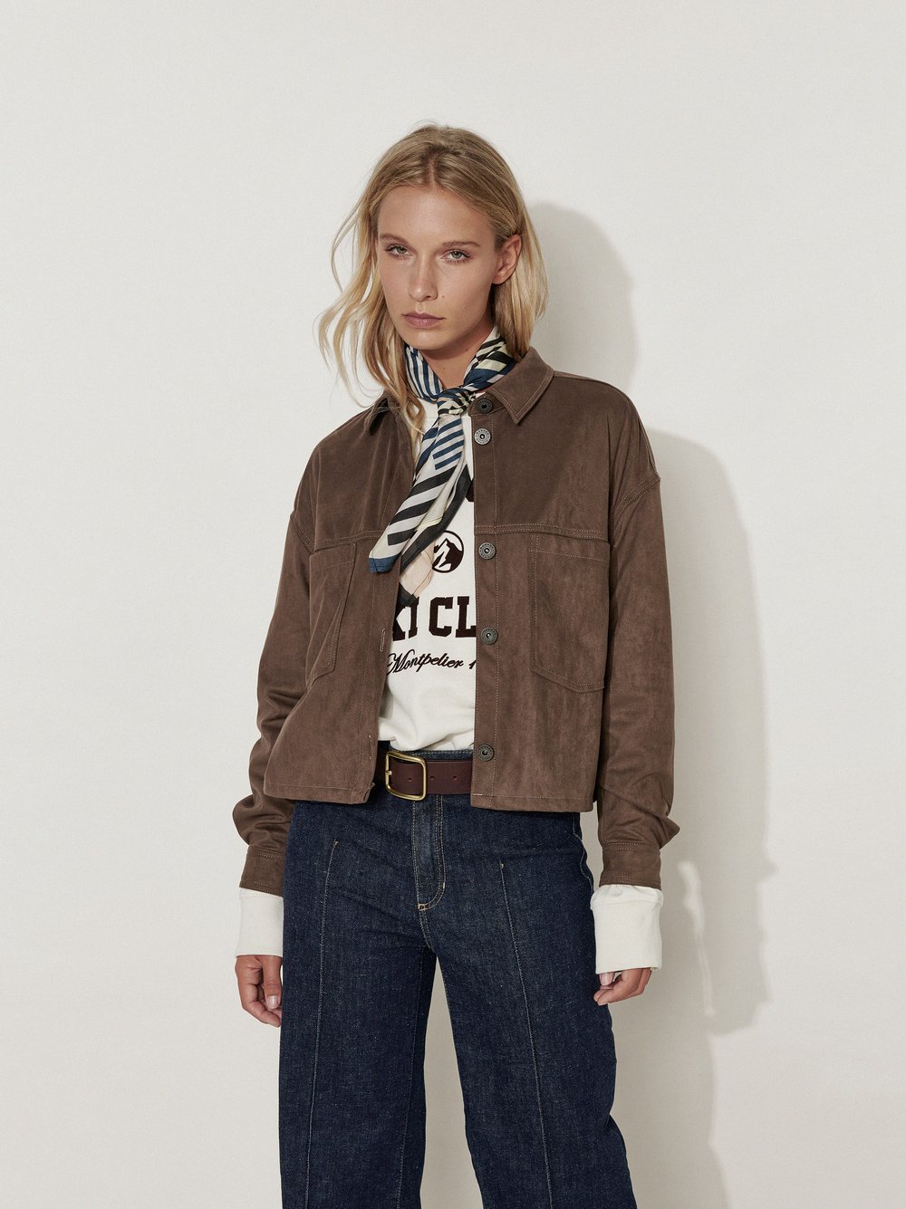 Womens jacket Jamie in Brown, overshirt in suede look, front view worn by model