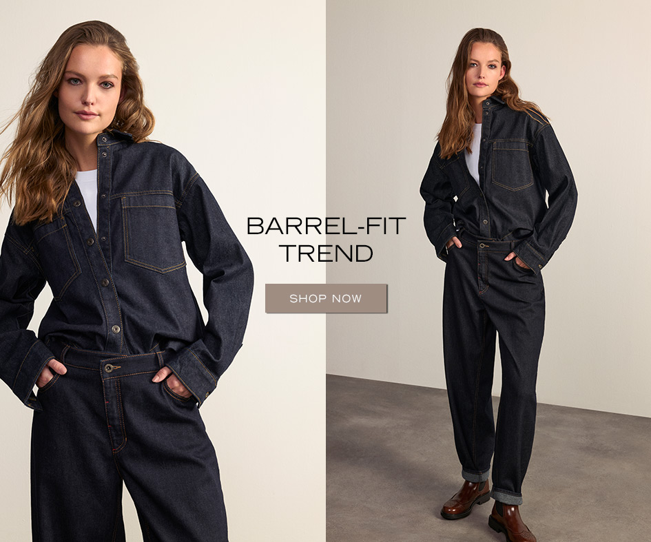 Woman wearing dark barrel-fit jeans with matching denim shirt – key visual for the new denim trend by ROSNER STUDIO.