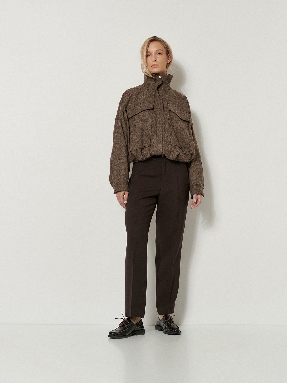 Womens trousers May Fashion in Dark Brown, straight-leg tailoring trousers, outfit view worn by model